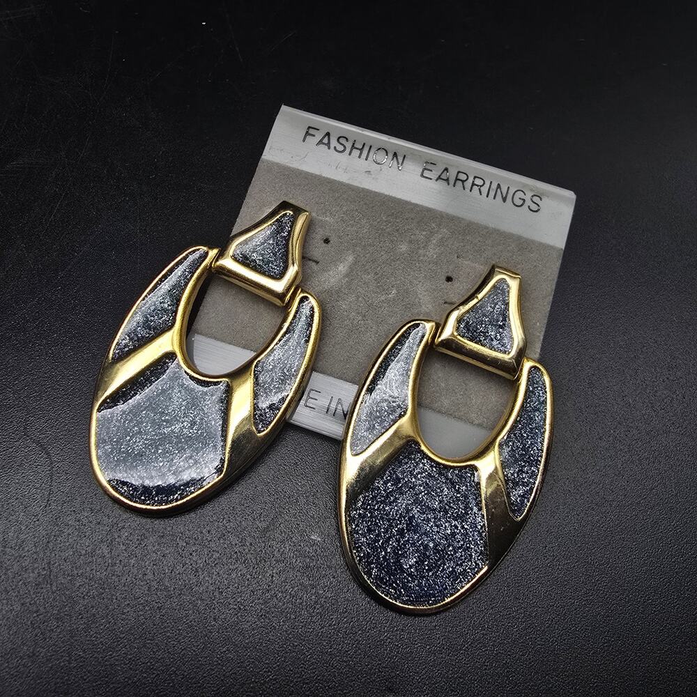 Denim Blue Metallic Door Knocker Earrings Vintage 1980s Jewelry NOS On Card NWT